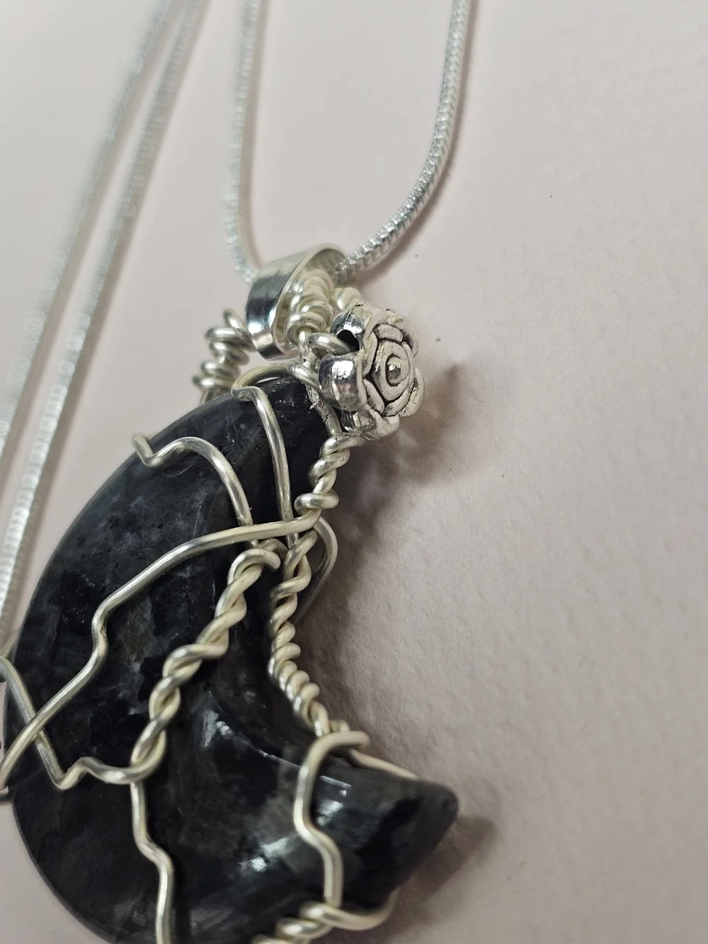 Handcrafted Labadorite Moonstone Wire-Wrapped Pendant/ Silver/flower Charm